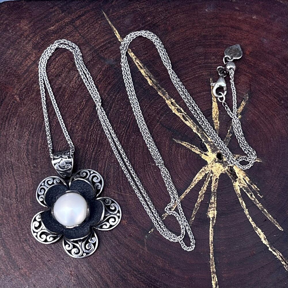 Sterling Silver Flower Necklace Long CHain Faux Pearl 90s Jewelry